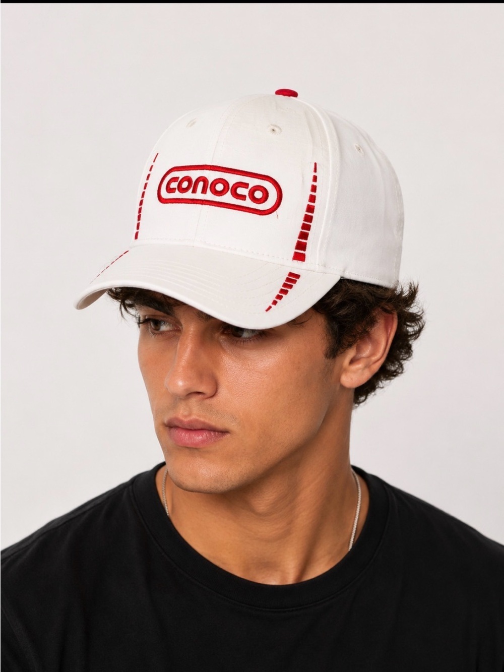 Conoco White and Red Logo Baseball Cap red embroidered logo detailing retro